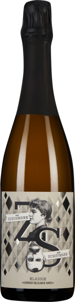 Braune Flasche mit künstlerischem Etikett und schwarzem Folienverschluss.