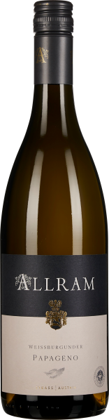 Braune Weinflasche mit dunklem Etikett, goldenem Logo und schwarzem Schraubverschluss.