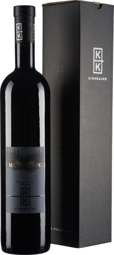 Dunkle Weinflasche mit elegantem Etikett in Blau- und Kupfertönen, daneben eine passende schwarze Geschenkbox.