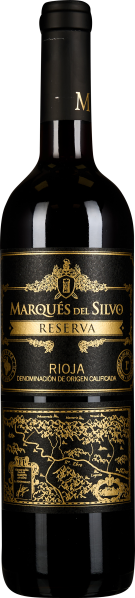 Dunkle Weinflasche mit elegantem, schwarz-goldenem Etikett, verziert mit einem Wappen und einer stilisierten Landschaftsillustration.