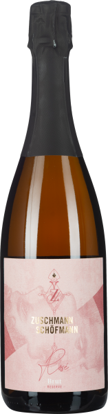 Bild einer Flasche Rosé-Sekt mit zartem, roséfarbenem Etikett und schwarzer Folie über dem Flaschenhals.