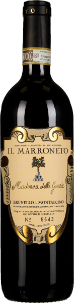 Eine dunkle Weinflasche mit einer eleganten, cremefarbenen Etikettierung im Vintage-Stil. Das Etikett ist verziert mit goldenen Akzenten und geschwungenen Schriftzügen. Am Flaschenhals befindet sich eine zusätzliche Halsmanschette in goldenen Tönen.