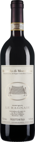 Eine dunkelbraune Weinflasche mit einem cremefarbenen Etikett, darauf eine feine Illustration von zwei Figuren mit einer Netzstruktur. Der Flaschenhals ist mit einer goldenen Banderole verziert.