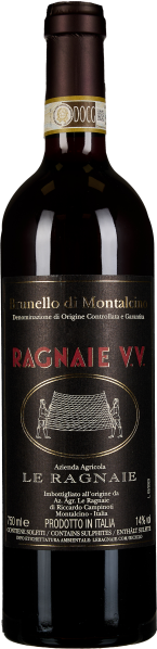 Dunkle Weinflasche mit einem schwarzen Etikett, auf dem in Gold- und Weißtönen Text abgebildet ist. Das Etikett zeigt ein zentral platziertes, stilisiertes Bild und der obere Bereich ist mit einer goldfarbenen Banderole verziert.