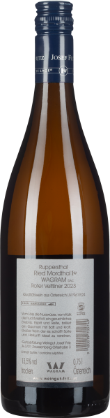 Braune Weinflasche mit blauem Verschluss und silbernem Etikett.