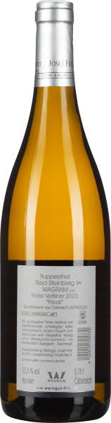 Klargelbe Weinflasche mit silbernem Schraubverschluss.