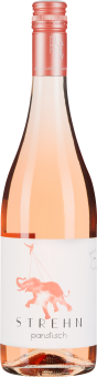 Roséweinflasche mit Elefantenmotiv auf weißem Etikett und roséfarbenem Schraubverschluss.
