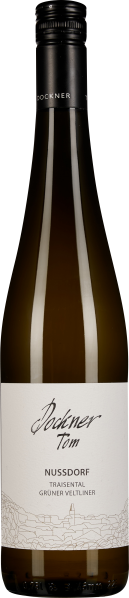 Eine schlanke Flasche Weißwein mit schwarzem Schraubverschluss, klarer Schrift und minimalistischer Grafik auf dem Etikett. Das Design vermittelt Eleganz und Modernität.