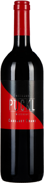 Flasche Cabernet Franc mit glänzend rotem Etikett und rotem Verschluss auf dunklem Hintergrund.