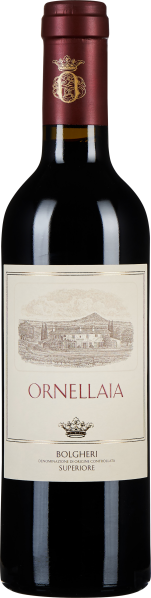 Dunkle Weinflasche mit rotem Etikett und goldener Verzierung am Hals.