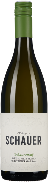 Grüne Weinflasche mit Schraubverschluss, schlichtes Etikett in Weiß mit minimalistischem, schwarzem und grünem Text.