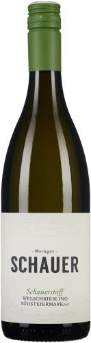 Grüne Weinflasche mit Schraubverschluss, schlichtes Etikett in Weiß mit minimalistischem, schwarzem und grünem Text.