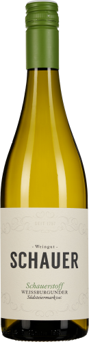 Eine Weinflasche mit hellgelbem Inhalt, grünem Schraubverschluss und einem eleganten cremefarbenen Etikett mit schwarzer und grüner Schrift.