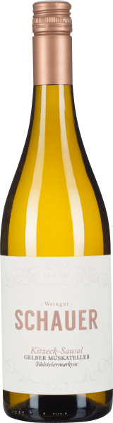 Braune Weinflasche mit weißem Etikett und rosa Schrift.