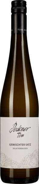 Klare Weißweinflasche mit schwarzem Schraubverschluss und elegantem, schlichtem Etikett in Weiß mit feinen Illustrationen und schwarzer Schrift.