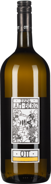 Eine schlanke Weinflasche mit Schraubverschluss, klarer goldener Flüssigkeit und stilisiertem Etikett mit Traubenmotiven.