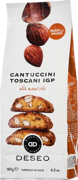 Verpackung von knusprigen Cantuccini-Keksen mit Mandeln, abgebildet sind drei Kekse und ganze Mandeln. Elegantes Design in Weiß mit braunen Akzenten und goldener Banderole. 