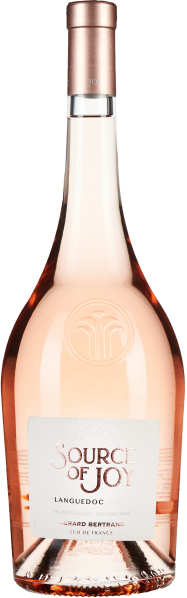 Die Flasche zeigt einen eleganten Roséwein in einer klaren, bauchigen Flasche mit einem langen Hals. Der Wein hat eine zarte rosa Farbe und die Flasche ist mit einem roségoldenen Verschluss versehen. Ein dezentes Muster ist in die Oberfläche der Flasche e