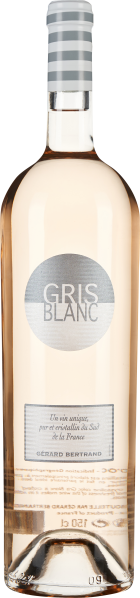 Rosé-Weinflasche mit schlichtem Etikett, silbernen Details und gestreiftem Verschluss.