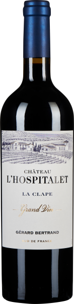 Eine elegante Weinflasche mit dunkelblauem Metallverschluss und einem Etikett, das in Weiß und Gold gestaltet ist, mit einer Illustration eines Anwesens in lila Tönen.