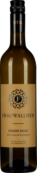 Grüne Weinflasche mit schwarzem Schraubverschluss und hellbraunem Etikett, das ein dekoratives Logo und Text in schwarzer Schrift zeigt.