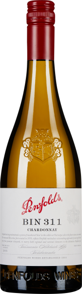 Die Weinflasche ist mit einem leuchtend roten Schraubverschluss verschlossen. Das Etikett ist überwiegend weiß mit einer eleganten Schrift und einem stilisierten Wappen. Die Flasche enthält hellgelben Wein.