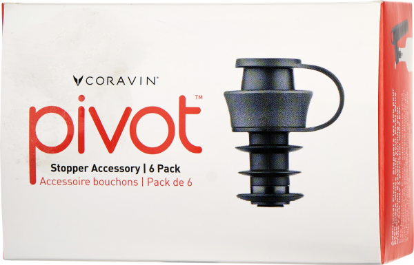Eine Verpackung mit der Aufschrift "Coravin Pivot" zeigt ein schwarzes Stopper-Zubehör vor weißem und rotem Hintergrund. Das Stopper-Design ist modular und funktional.