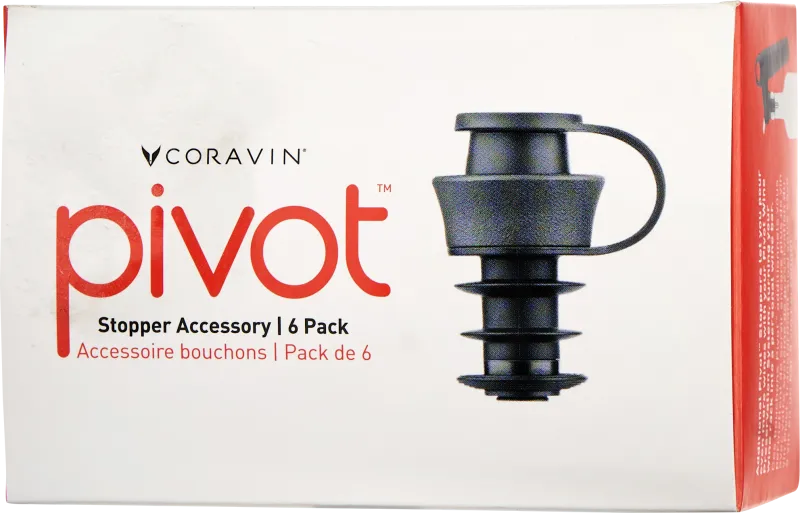 Eine Verpackung mit der Aufschrift "Coravin Pivot" zeigt ein schwarzes Stopper-Zubehör vor weißem und rotem Hintergrund. Das Stopper-Design ist modular und funktional.