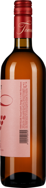 Braune Glasflasche mit rotem Schraubverschluss und rosa Etikett.