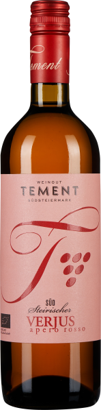 Das Bild zeigt eine braune Glasflasche mit einem roten Schraubverschluss. Das Etikett ist rosa und trägt ein stilisiertes Design in Rot und Schwarz, mit einem grafischen Element, das Trauben darstellt.