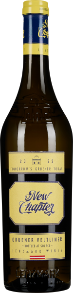 Weinflasche mit dunkelbrauner Farbe, gelbem und blauem Etikett sowie gelb-blauem Verschluss. Das Etikett trägt einen eleganten Schriftzug und subtile grafische Elemente.