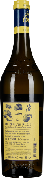 Grüner Veltliner 2022, grüne Weinflasche mit gelbem Etikett und blauer Kapsel.