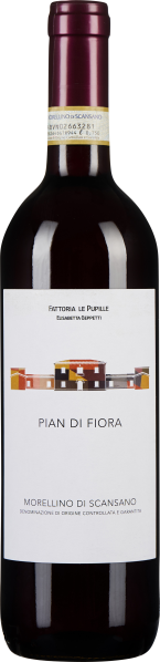 Flasche Rotwein mit dunkelrotem Glas und einer eleganten, weißen Etikette, die ein stilisiertes Gebäude in Erdtönen zeigt.