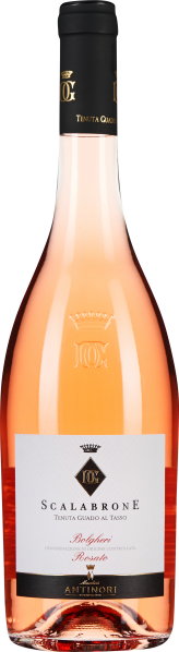 Eine elegante Weinflasche mit roséfarbenem Inhalt, sanftem Farbverlauf und schwarzem Hals. Auf dem Etikett sind goldene Details und klare Schriftzüge zu sehen.