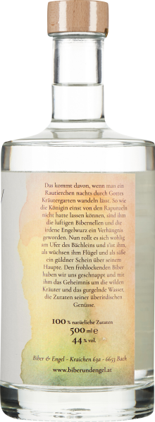Klarglasflasche mit Holzverschluss und farbenfrohem Etikett.