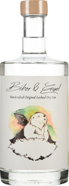 Eine klare Glasflasche mit einem Holzverschluss, auf der ein Etikett mit einer farbenfrohen Illustration eines Bibers mit Flügeln abgebildet ist.