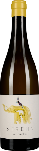 Dunkle Weinflasche mit gelbem Verschluss, elegantem Etikett in Cremefarben mit einer stilisierten, farbenfrohen Elefantengrafik.