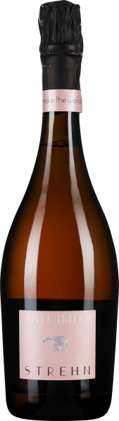 Flasche mit rosafarbenem Etikett, darauf ein elefantförmiges Hologramm. Die Flasche hat einen schwarzen Flaschenhals mit einem rosafarbenen Band.