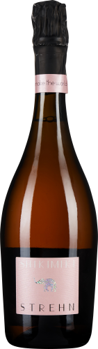 Flasche mit rosafarbenem Etikett, darauf ein elefantförmiges Hologramm. Die Flasche hat einen schwarzen Flaschenhals mit einem rosafarbenen Band.