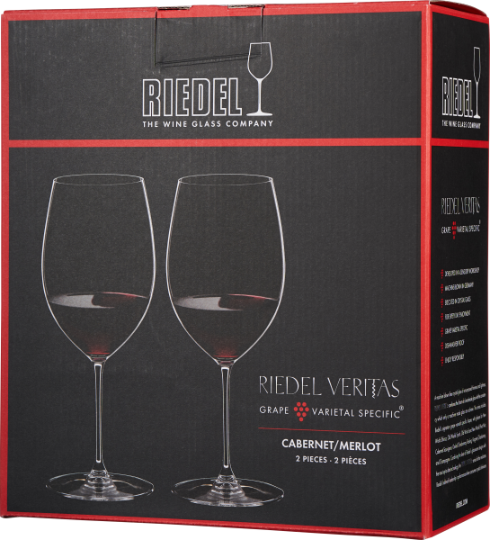 Verpackung mit elegantem Design: Schwarze Box mit roten Akzenten, darauf die Abbildungen von zwei stilvollen Weingläsern.