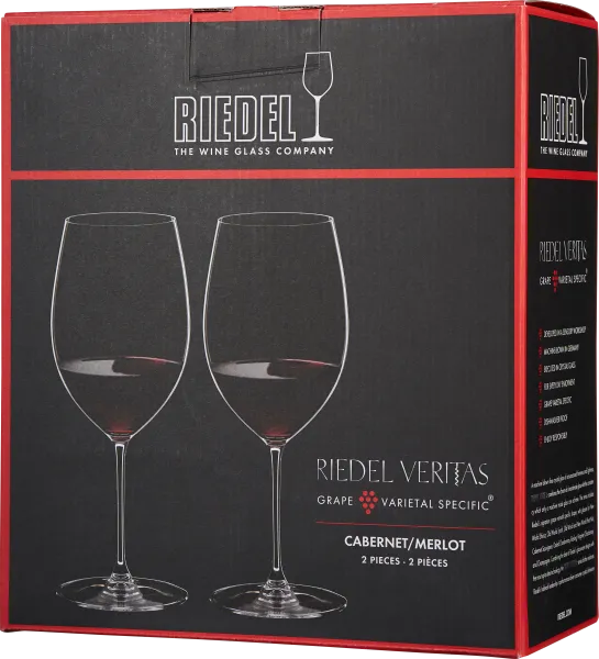 Verpackung mit elegantem Design: Schwarze Box mit roten Akzenten, darauf die Abbildungen von zwei stilvollen Weingläsern.