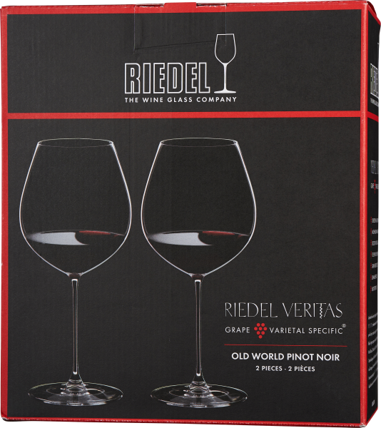 Schwarze Verpackung mit roten Rändern, zeigt zwei elegante, hohe Weingläser mit breitem Kelch. Minimalistisches Design, Logo und Markenname oben mittig, Gläser mittig platziert.