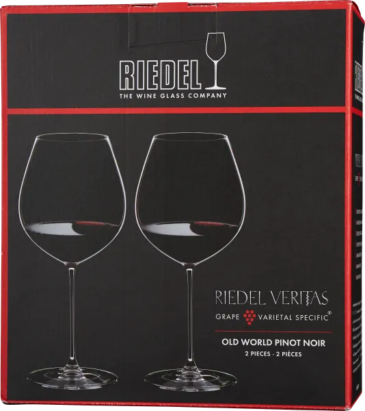 Schwarze Verpackung mit roten Rändern, zeigt zwei elegante, hohe Weingläser mit breitem Kelch. Minimalistisches Design, Logo und Markenname oben mittig, Gläser mittig platziert.