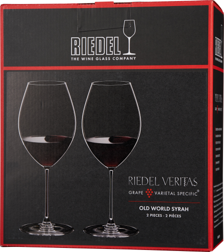 Verpackung für ein Weinglas-Set, bestehend aus zwei Gläsern, dargestellt auf einem schwarzen Hintergrund mit rotem Rand. Die Gläser sind schlank und elegant mit hohen Stielen.