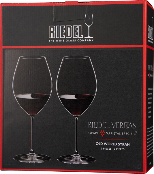 Verpackung für ein Weinglas-Set, bestehend aus zwei Gläsern, dargestellt auf einem schwarzen Hintergrund mit rotem Rand. Die Gläser sind schlank und elegant mit hohen Stielen.