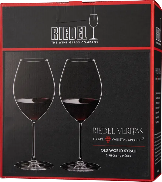 Verpackung für ein Weinglas-Set, bestehend aus zwei Gläsern, dargestellt auf einem schwarzen Hintergrund mit rotem Rand. Die Gläser sind schlank und elegant mit hohen Stielen.