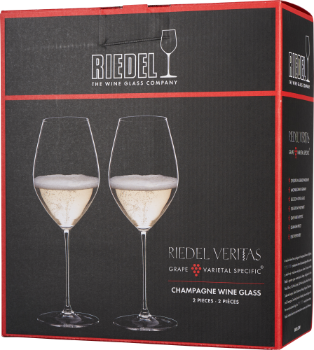 Schwarze Verpackungsschachtel mit roten Akzenten und einem zentralen Bild von zwei eleganten gefüllten Champagnergläsern.