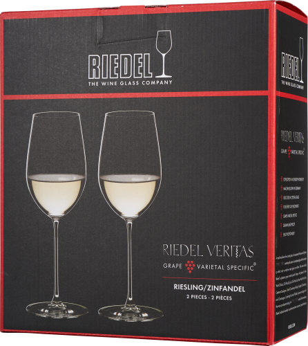 Schwarze Verpackung mit roten Akzenten, zeigt zwei elegante Weingläser mit langem Stiel und gefülltem Kelch. Subtiler, moderner Stil, perfekt für Weißweine.