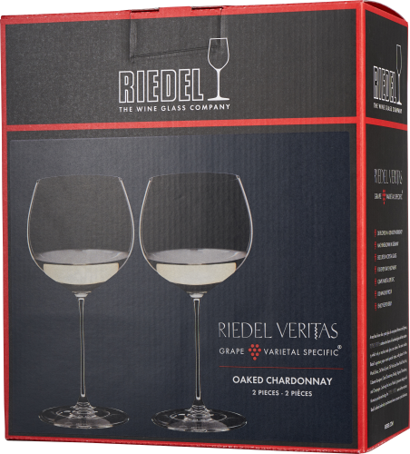 Produktverpackung von Riedel mit zwei eleganten Weingläsern der Serie Veritas, abgebildet auf einem dunkelblauen Hintergrund mit Akzenten in Rot.