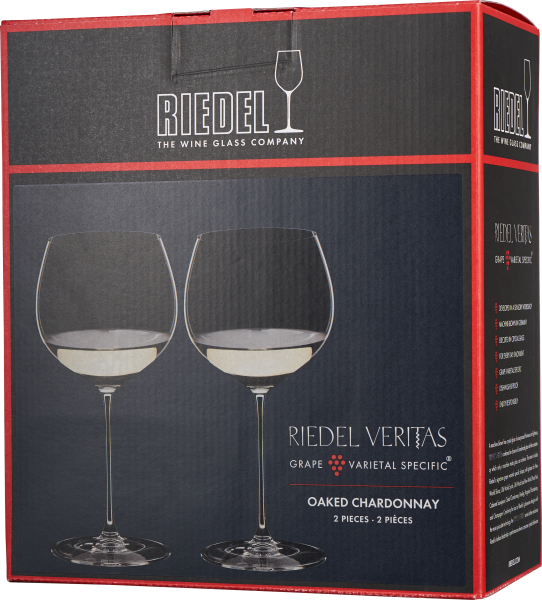 Produktverpackung von Riedel mit zwei eleganten Weingläsern der Serie Veritas, abgebildet auf einem dunkelblauen Hintergrund mit Akzenten in Rot.